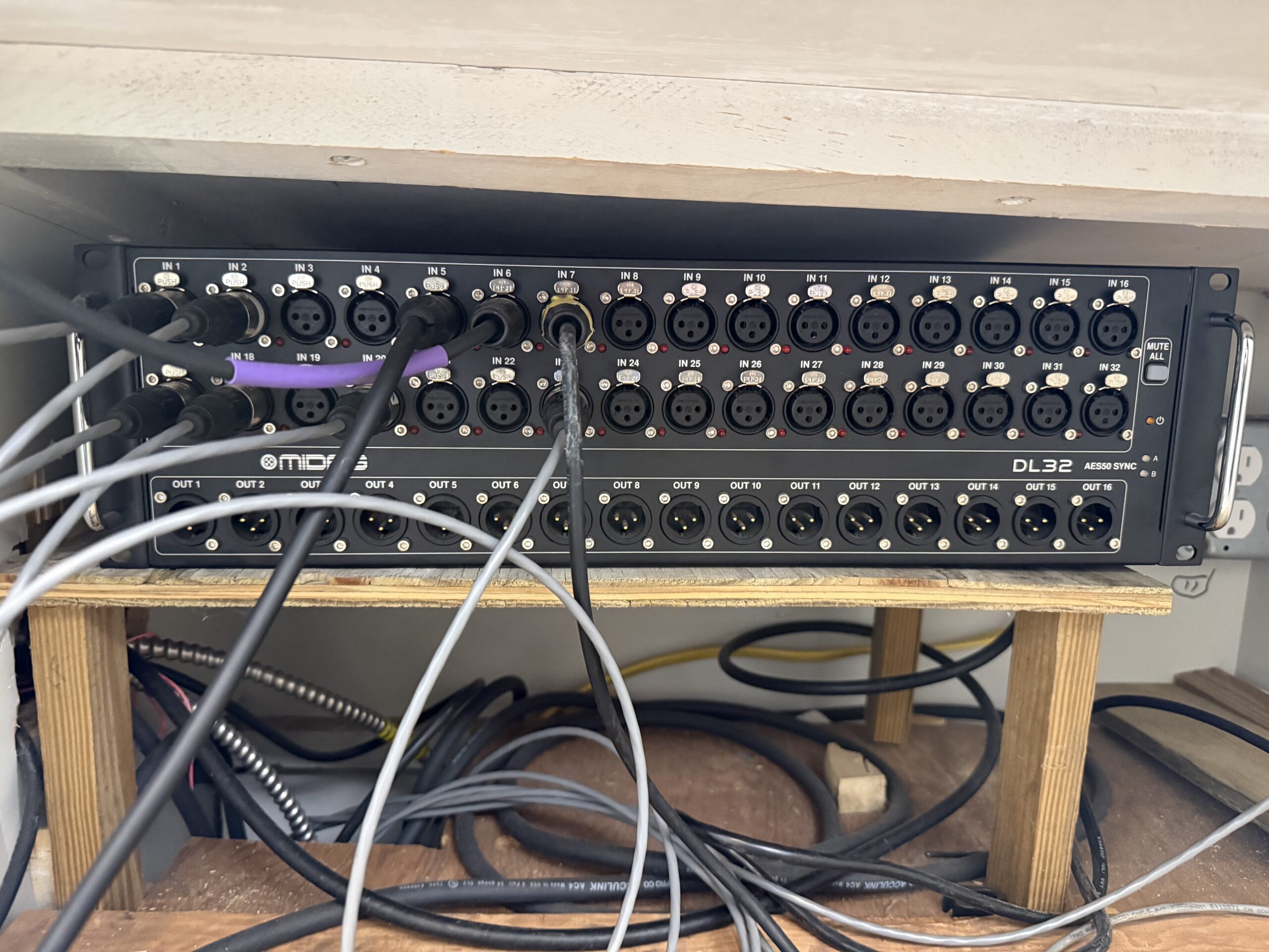 Midas DL32 installed under a pew at front of house