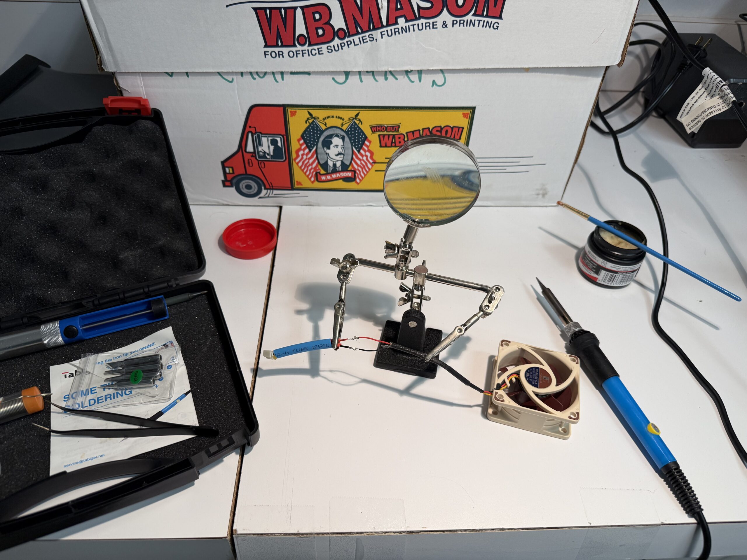 Soldering setup with helping hands tool and Noctua fan
