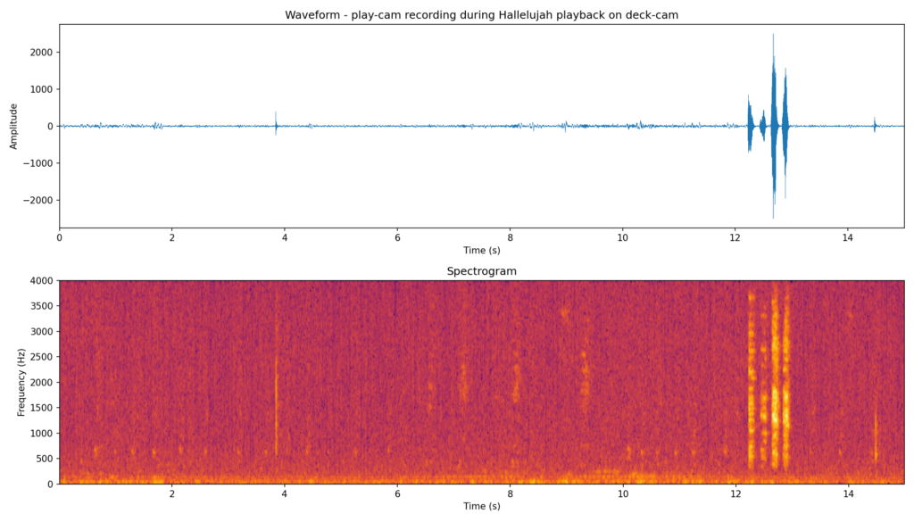 Broken playback spectrogram showing compressed audio burst
